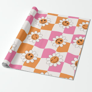 Papel De Presente Flores sorridentes retrô em tabuleiros de xadrez d