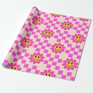 Papel De Presente Flores Sorridentes Rosa Quente Xadrez com quadrado