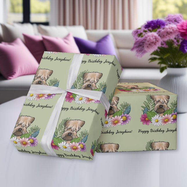 Papel De Presente Flores Terrier, de aniversário verdes, de rodas co (Criador carregado)