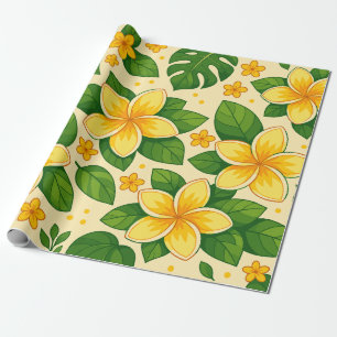 Papel De Presente Flores Tropicais Amarelas com Folhas Verdes Luxuri