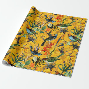 Papel De Presente Flores tropicais antigas e padrões da selva de ave