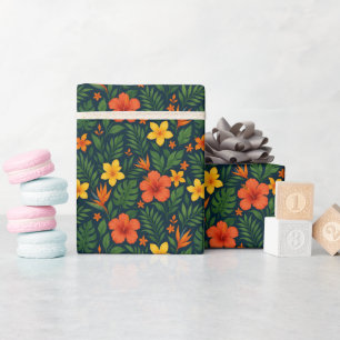 Papel De Presente Flores Tropicais Coloridas Modernas em Azul Marinh