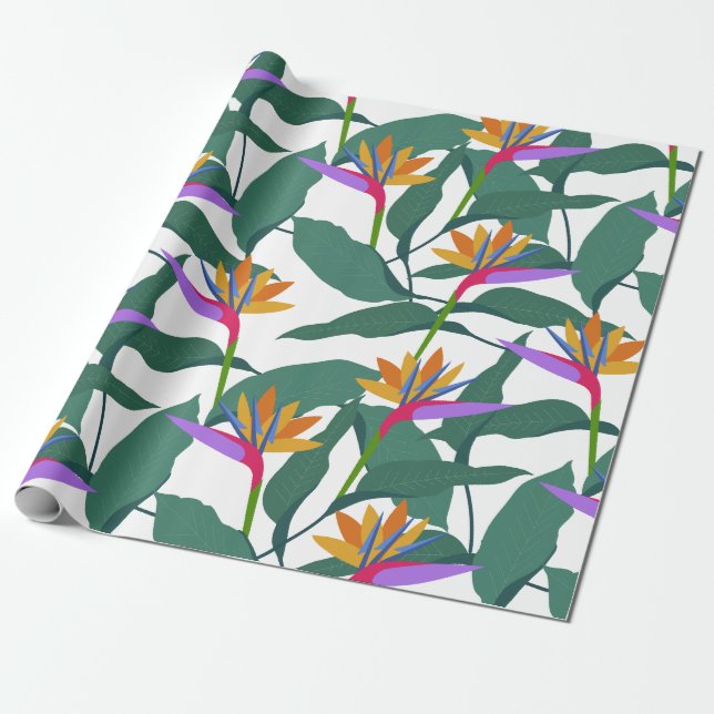 Papel De Presente Flores Tropicais de Ave do Paraíso Estampadas (Desenrolado)