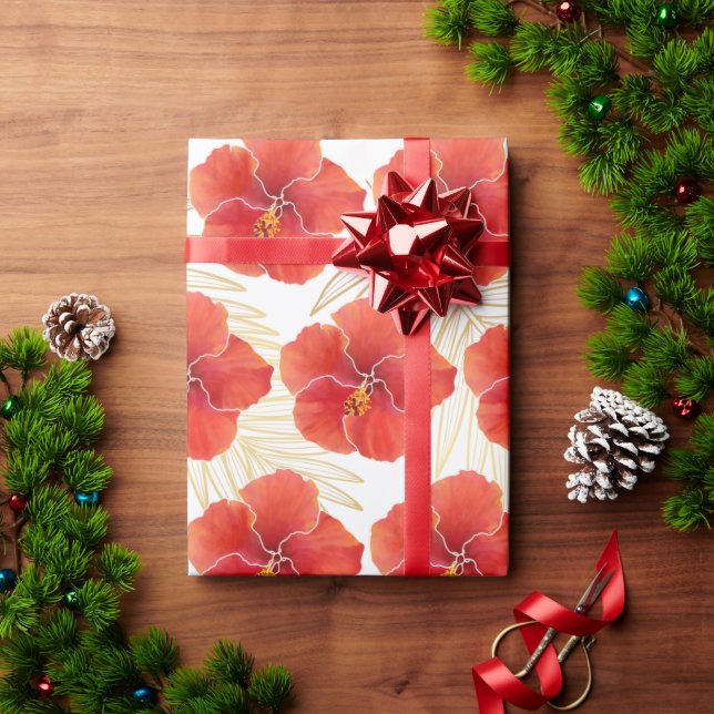 Papel De Presente Flores Tropicais De Hibisco Vermelho E Folhas Dour (Presente de Natal)