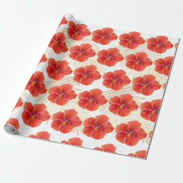 Papel De Presente Flores Tropicais De Hibisco Vermelho E Folhas Dour