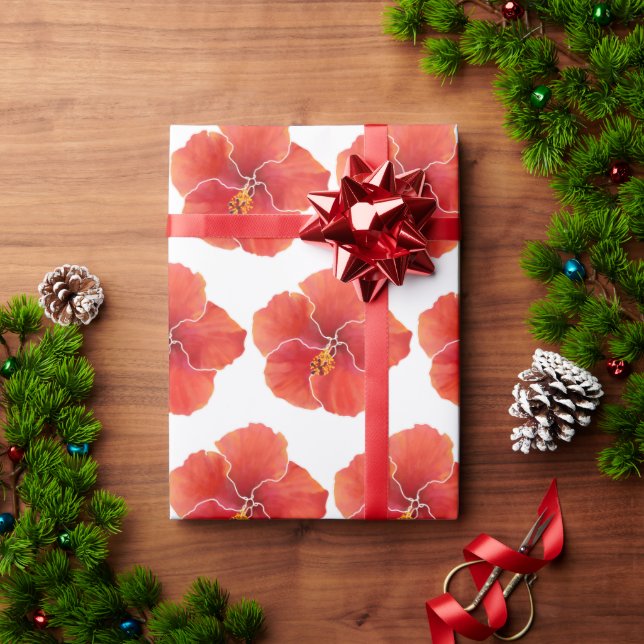 Papel De Presente Flores Tropicais de Hibiscus de Cor Vermelha (Presente de Natal)