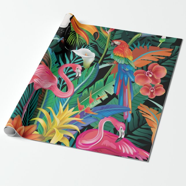 Papel De Presente Flores tropicais e aves (Desenrolado)