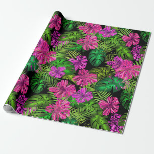 Papel De Presente Flores tropicais e plantas a preto