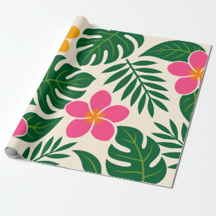 Papel De Presente Flores Tropicais Laranja e Rosa com Folhas Verdes
