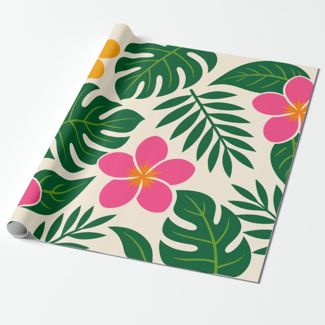Papel De Presente Flores Tropicais Laranja e Rosa com Folhas Verdes (Desenrolado)
