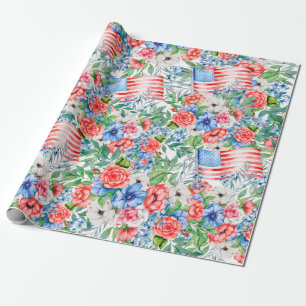 Papel De Presente Flores Vermelhas Brancas E Azuis Patrióticas 4 De