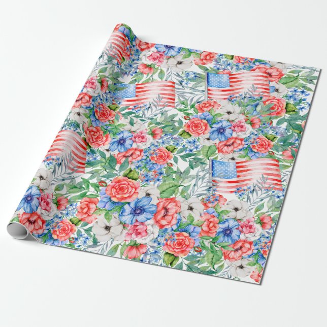 Papel De Presente Flores Vermelhas Brancas E Azuis Patrióticas 4 De  (Desenrolado)