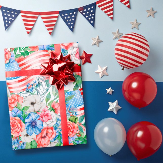 Papel De Presente Flores Vermelhas Brancas e Azuis Patrióticas 4 de  (Criador carregado)