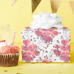 Papel De Presente Flores vermelhas cor-de-rosa em branco.