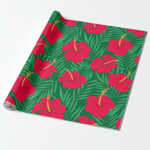 Papel De Presente Flores Vermelhas de Hibisco em Padrão de Folhas Tr