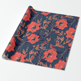 Papel De Presente Flores vermelhas de rosas e peônias com folhas e p