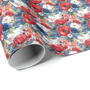 Papel De Presente Flores Vermelhas e Azuis Patrióticas
