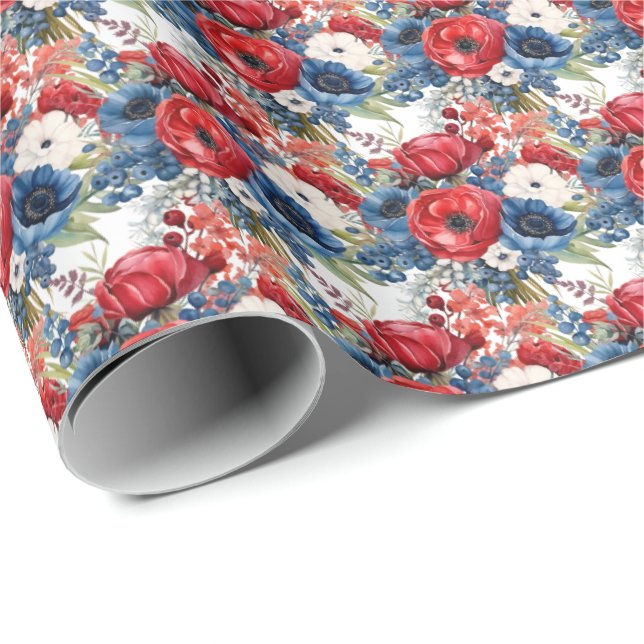 Papel De Presente Flores Vermelhas e Azuis Patrióticas (Ponta do rolo)