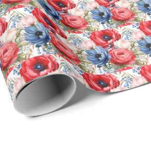 Papel De Presente Flores Vermelhas e Azuis Patrióticas