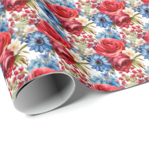 Papel De Presente Flores Vermelhas e Azuis Patrióticas