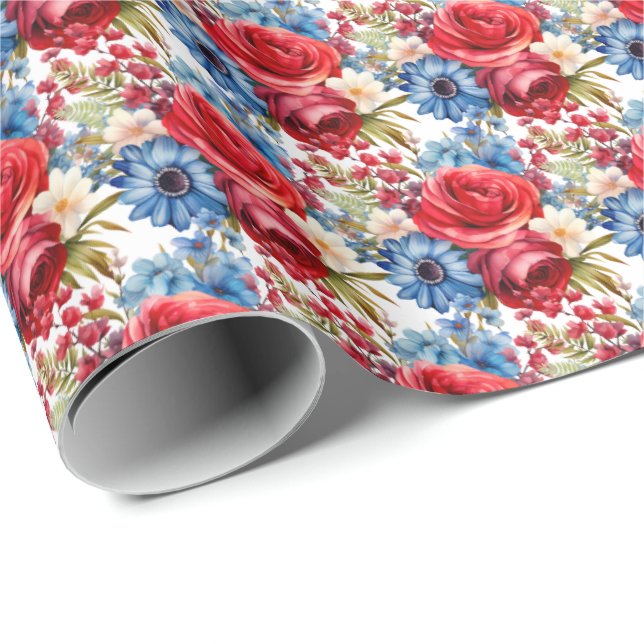 Papel De Presente Flores Vermelhas e Azuis Patrióticas (Ponta do rolo)