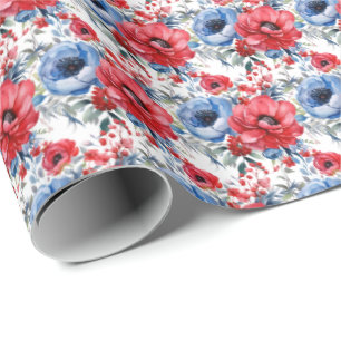 Papel De Presente Flores Vermelhas e Azuis Patrióticas