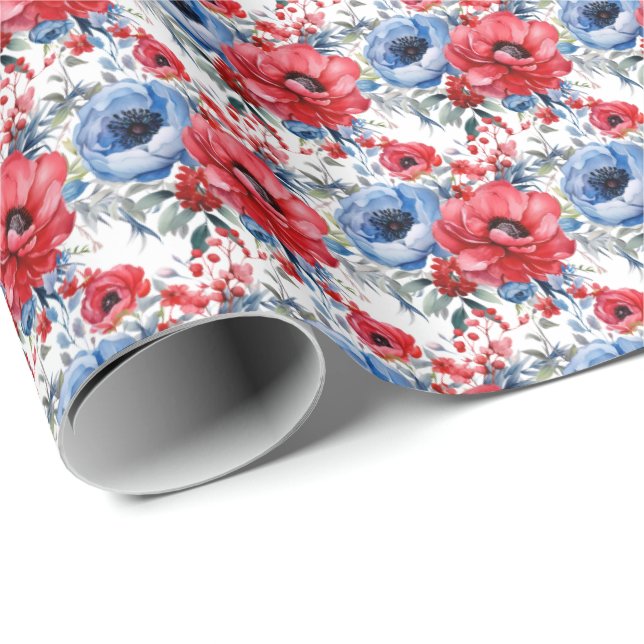 Papel De Presente Flores Vermelhas e Azuis Patrióticas (Ponta do rolo)