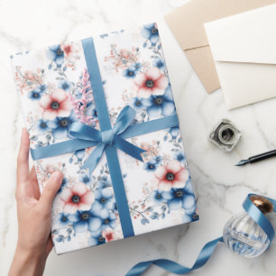 Papel De Presente Flores Vermelhas e Azuis sobre Branco