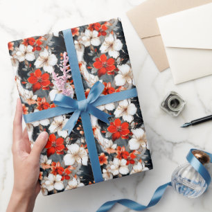 Papel De Presente Flores Vermelhas e Brancas em Mármore