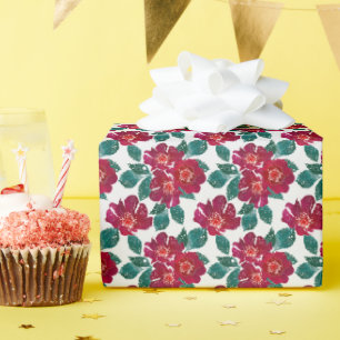 Papel De Presente Flores vermelhas em branco.