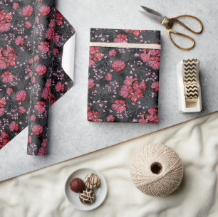 Papel De Presente Flores vermelhas em uma cinza preta.