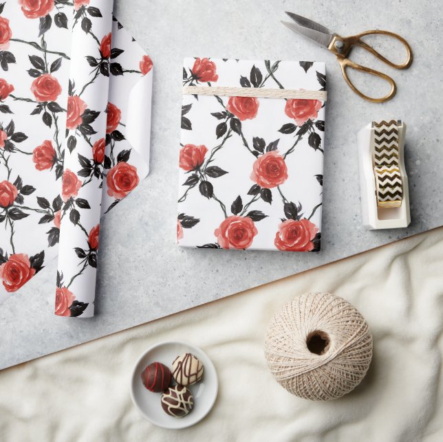 Papel De Presente Flores Vermelhas Folhas Pretas Aniversário (Artesanato)