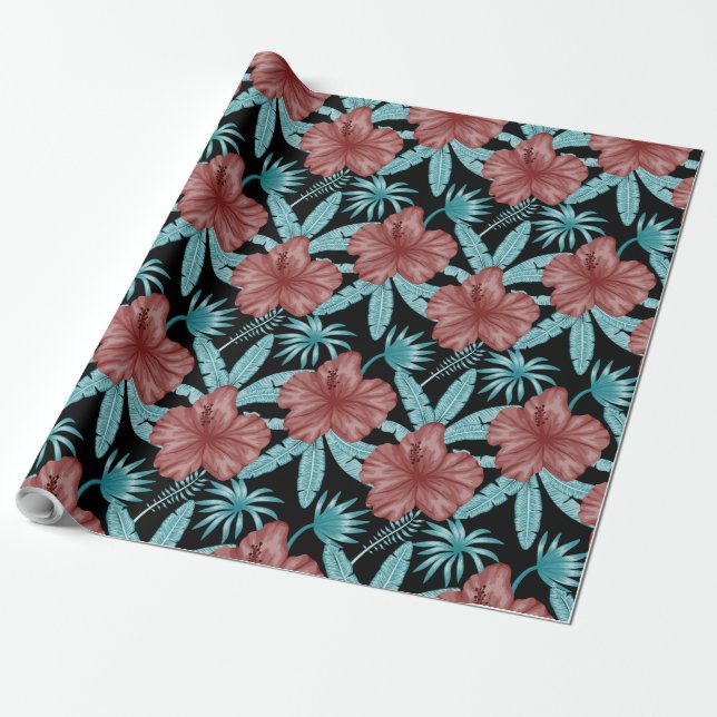 Papel De Presente Flores vermelhas padrão uniforme tropical folhas & (Desenrolado)