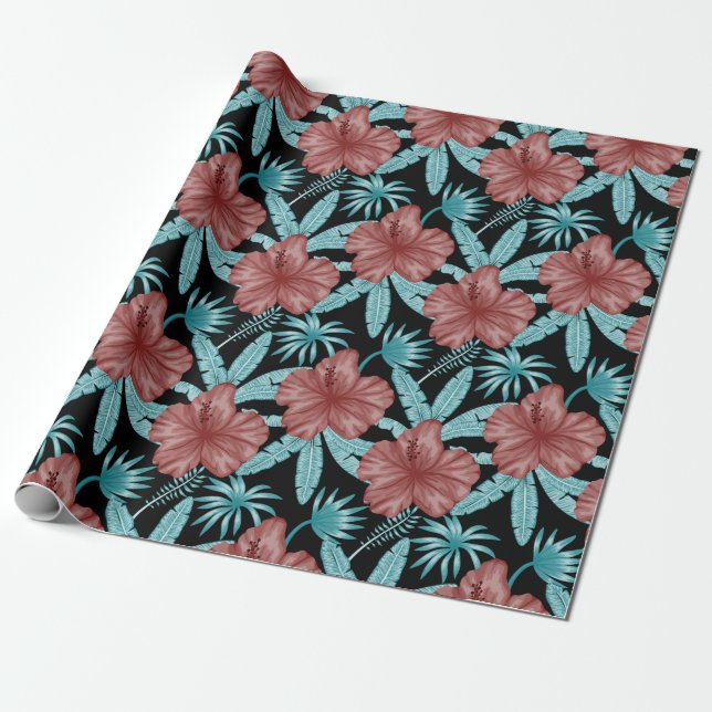Papel De Presente Flores vermelhas padrão uniforme tropical folhas & (Desenrolado)