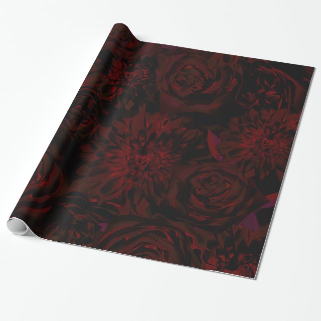 Papel De Presente Flores Vermelhas Românticas Jardim Escuro Casament (Desenrolado)