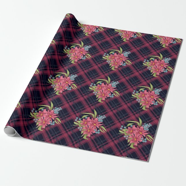 Papel De Presente Flores vermelhas xadrez-tartan-sem-costura (Desenrolado)