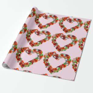 Papel De Presente Flores Vermelhos Vintage e Borboleta Coração Flora