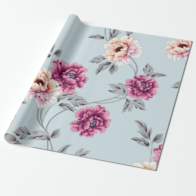 Papel De Presente flores violetas e amarelas com padrão de folhas em (Desenrolado)