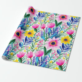 Papel De Presente Flores vivas coloridas e pássaros Papel de enrolam