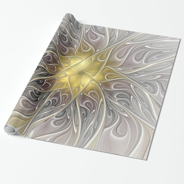 Papel De Presente Florescer Com Flor Fractal Abstrata Moderna Dourad (Desenrolado)