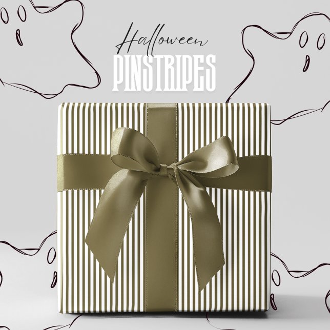 Papel De Presente Floresta Assombrada Verde e Pinstripe Branca (Elegant Halloween Pinstripes Wrapping Paper in Haunted Forest Green for Fall Birthday & Autumn Party)