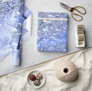 Papel De Presente Floresta Azul de Inverno com Aquarela Nevada