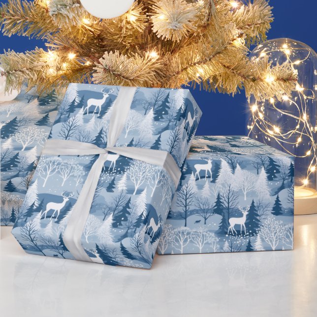 Papel De Presente Floresta Azul Elegante e Natal de Veado (Feriados)