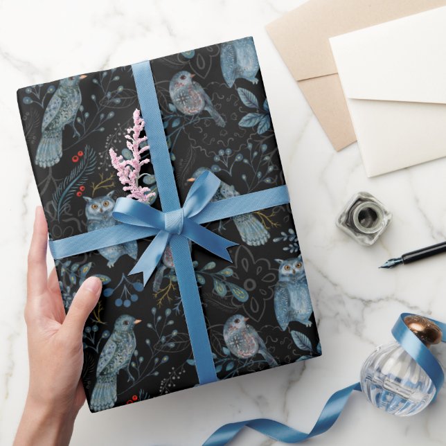 Papel De Presente Floresta Botânica de Madeira Azul-Coruja Natal (Presentear)