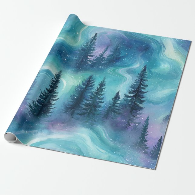 Papel De Presente Floresta da Aurora Boreal em Aquarela (Desenrolado)