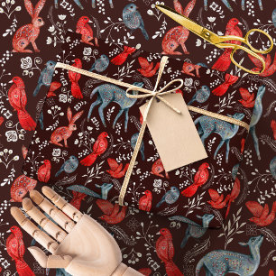 Papel De Presente Floresta de Arte Popular Nórdica Animais da Flor