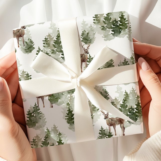 Papel De Presente Floresta de inverno de Veado de Aquarela (Criador carregado)