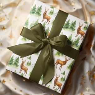 Papel De Presente Floresta de Inverno em Aquarela - Veados e Árvores