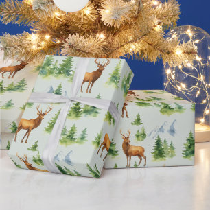 Papel De Presente Floresta de Inverno em Aquarela - Veados e Árvores