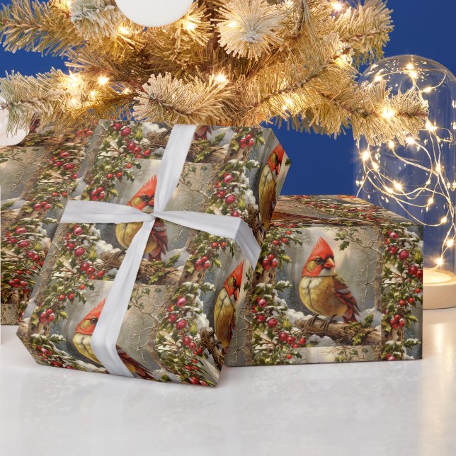 Papel De Presente Floresta de Natal com Azevinho, Pássaro, Inverno (Feriados)